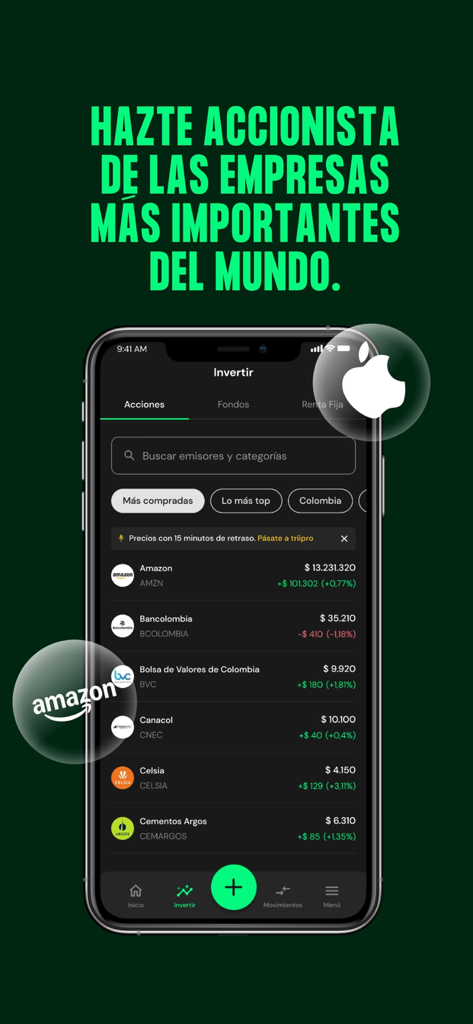 Trii - Trii mobile app interface showing a list of available stocks including Amazon and Bancolombia for investment.