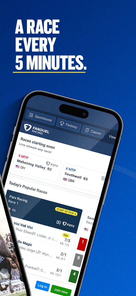 FanDuel Racing - Bet on Horses - FanDuel Racing 앱 인터페이스에 예정된 경마와 실시간 스트리밍 옵션 표시