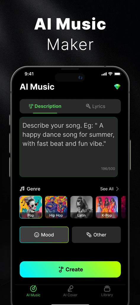 AI Cover&Music Maker ·Bach AI - La pantalla de creación de música de Bach AI mostrando opciones para describir una canción, seleccionar un género y tocar crear.