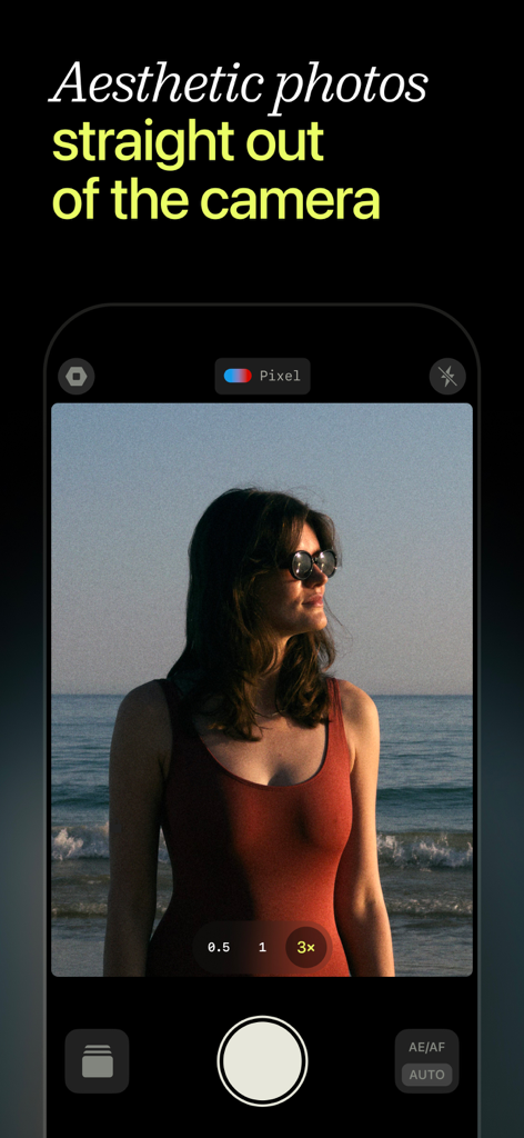 Lampa — Digital & Film Camera - Lampa camera app interface showing a film-inspired aesthetic portrait of a woman at the beach