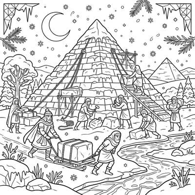 Journey to an extraordinary land where ancient pyramid builders brave a magical winter wonderland to construct their colossal marvels. This unique coloring page invites you to imagine a world of snowy landscapes and industrious efforts.