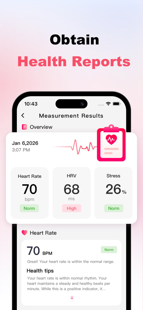 Wellpulse app screen showing measurement results for heart rate HRV and stress level