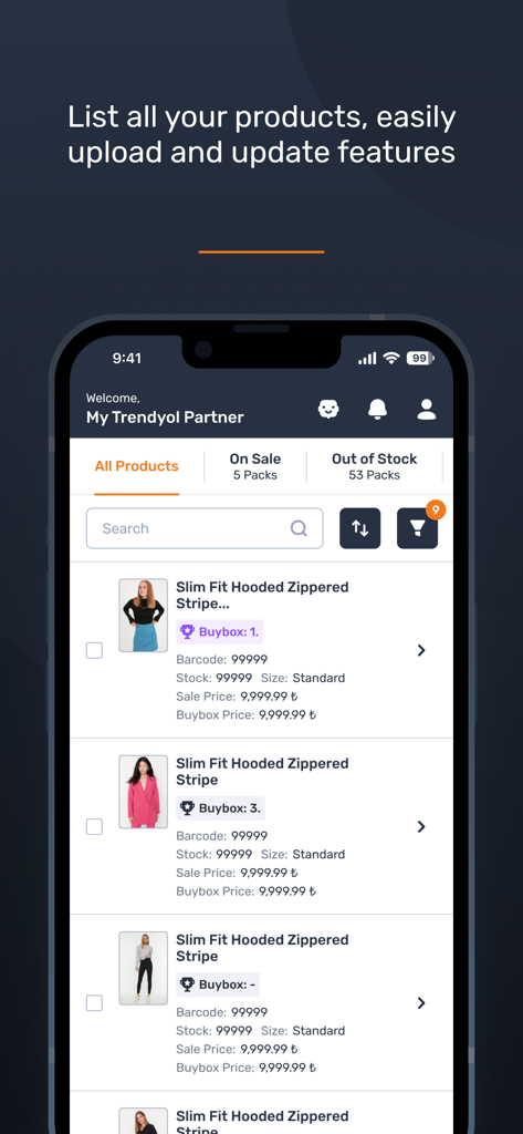 Una interfaz móvil para la aplicación Centro de Vendedores Trendyol mostrando una lista de productos con detalles de inventario y opciones de gestión.