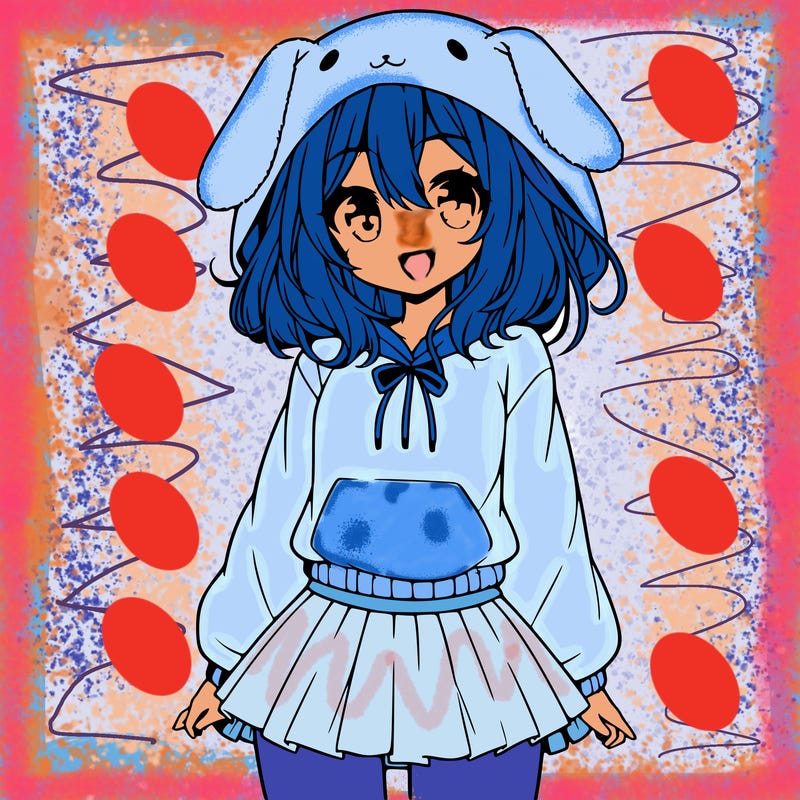 pretty anime girl wearing a fluffy hoodie with bunny ears on the hood and a skirt