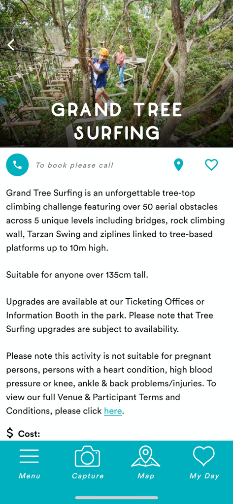 Enchanted Adventure - Details page for the Grand Tree Surfing activity in the Enchanted Adventure app featuring treetop climbing information