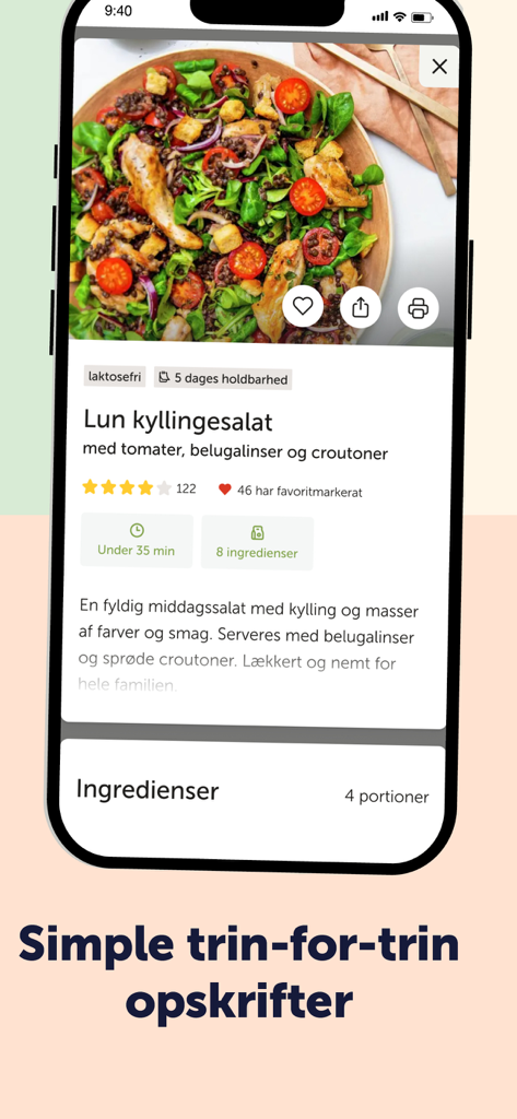 RETNEMT - Detailed recipe view for a warm chicken salad in the RetNemt mobile app