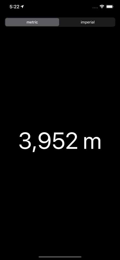 Altimeter ∞ Current Altitude - A minimalist mobile app interface showing a current altitude of 3,952 meters with options to switch between metric and imperial units.
