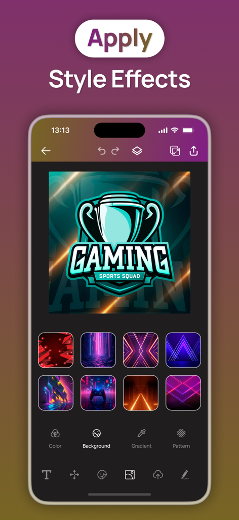 Esport logo maker app interface showing neon background style effects for a gaming trophy logo.