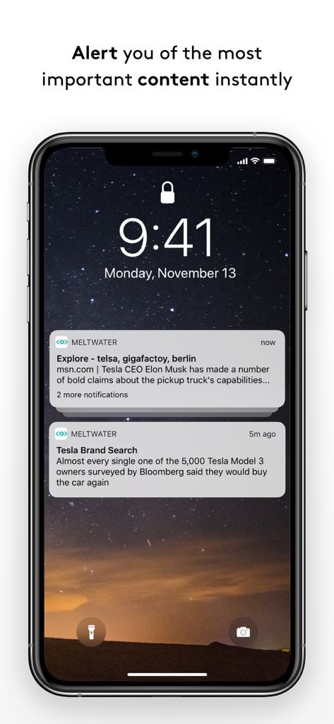 Meltwater Mobile - Smartphone lock screen showing real-time media intelligence notifications from the Meltwater app