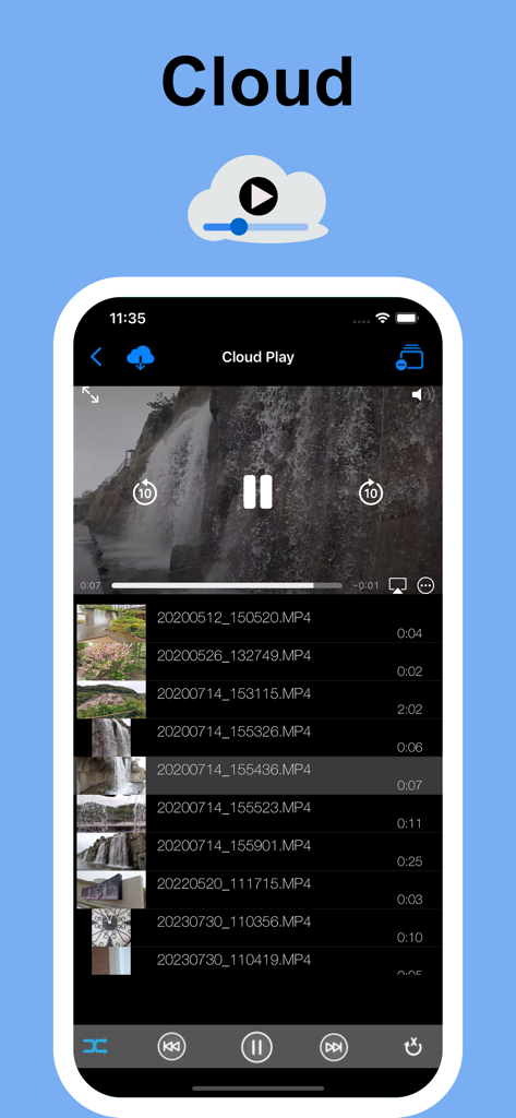 Interface of a video player app showing cloud playback and a list of MP4 video files
