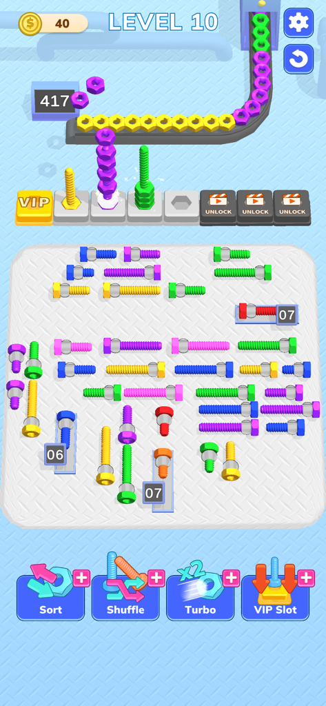 Screw Factory! - Gameplay of Screw Factory showing colorful nuts being sorted onto bolts from a conveyor belt