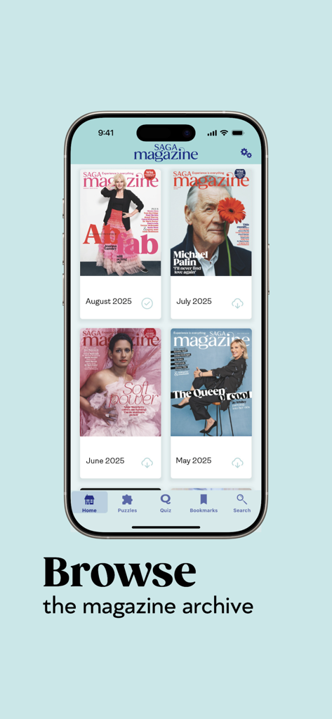 Explora la pantalla de archivo de la revista en la aplicación Saga Magazine mostrando varias portadas mensuales.
