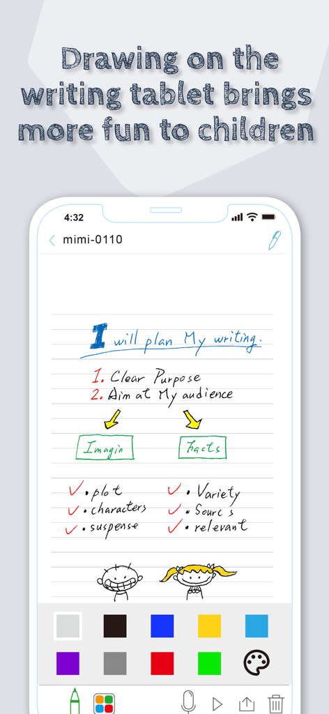 Ophaya Pro+ - A mobile screen showing the Ophaya Pro plus app with handwritten notes a writing plan and colorful sketches on a lined paper background