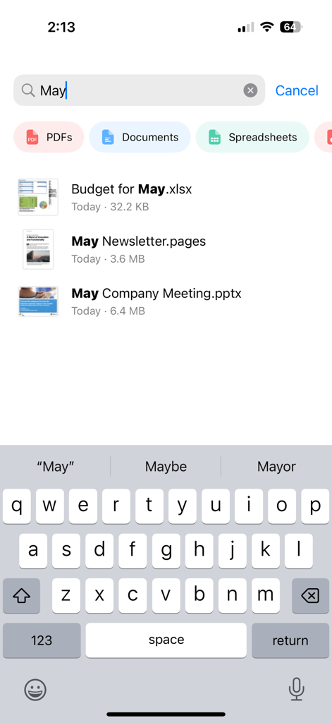 File Viewer app search screen displaying various documents and spreadsheets