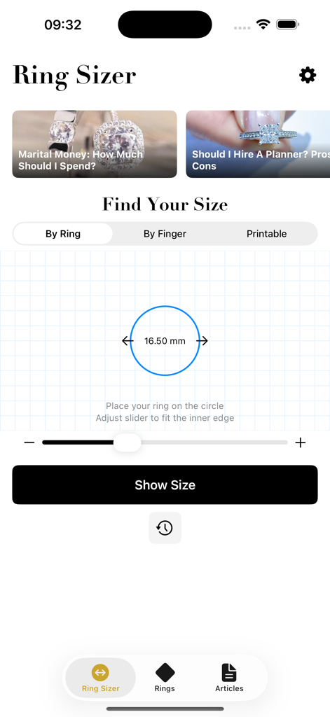 App AuraLume Ring Sizer che mostra il cerchio di misurazione digitale per trovare una misura dell'anello posizionando un anello fisico sullo schermo.