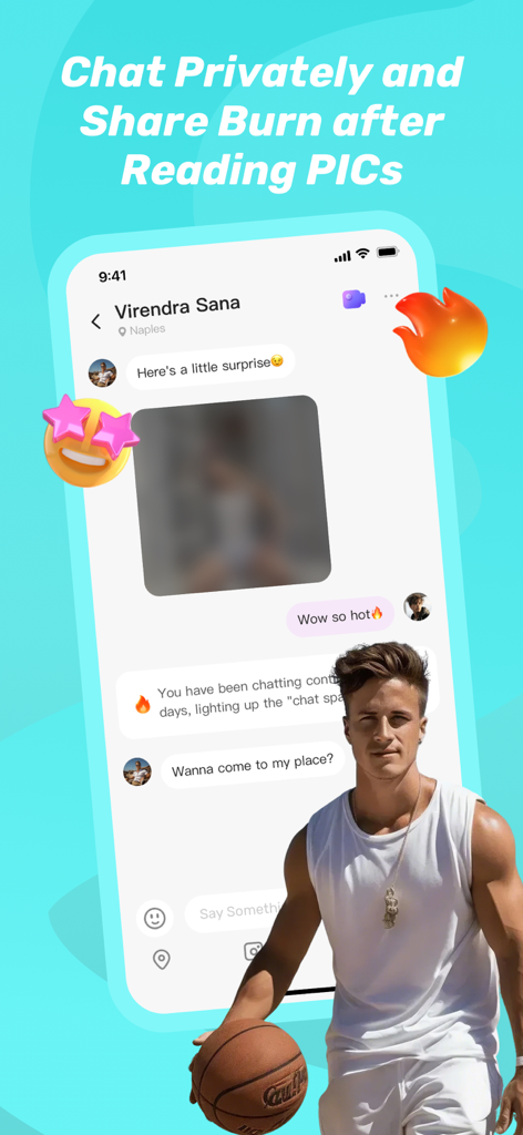 HeeSay:Blued Gay Chat & Dating - Screenshot of HeeSay app showing a private chat interface with a burn after reading photo feature
