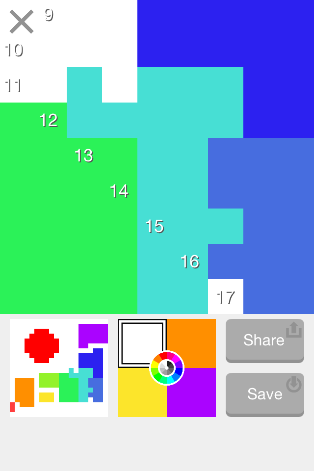 Pixel art magic - Oberfläche der Pixel-Art-Magie-App, die eine pixelige Leinwand mit einer Farbpalette und Teilen-Schaltflächen zeigt.