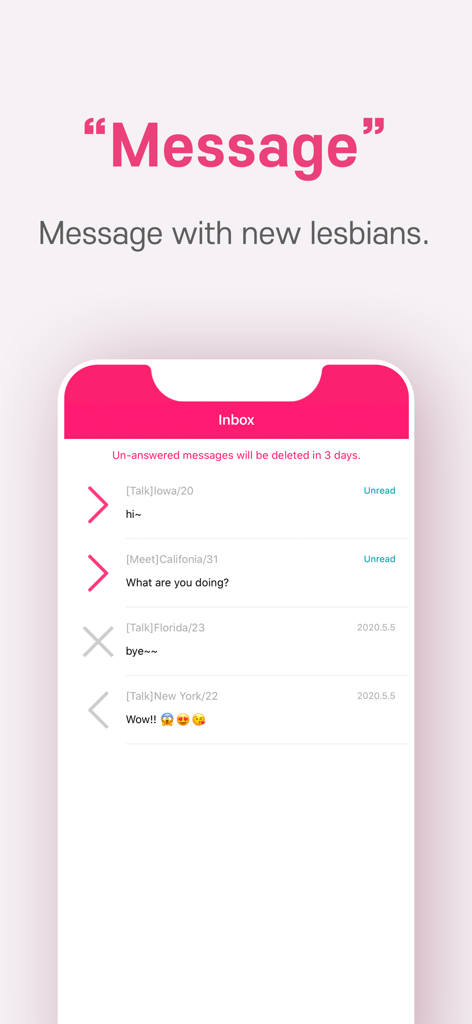 TopL - Bandeja de entrada de la aplicación TopL mostrando una lista de mensajes de lesbianas con etiquetas de ubicación y edad