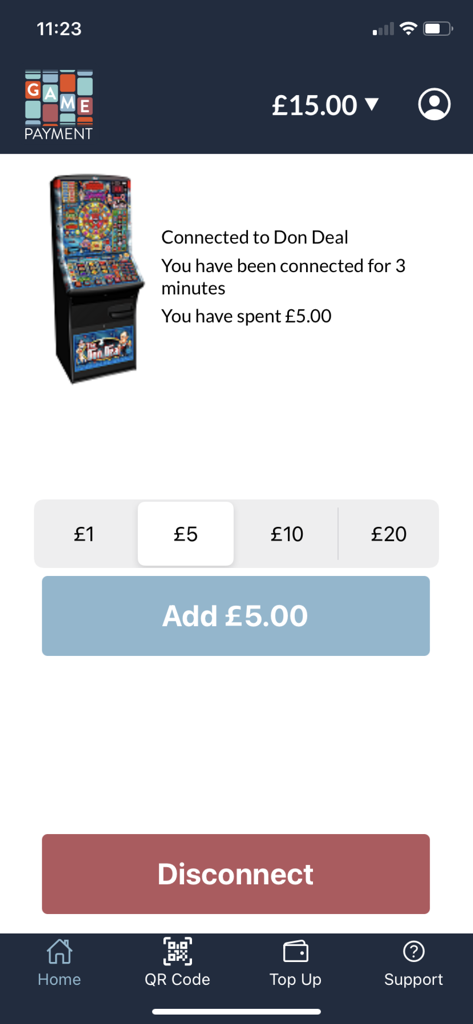 Game Payment: cashless gaming - ドンディールゲーム機に接続されたゲームペイメントアプリのインターフェイス。資金追加やセッション統計の表示オプションがあります。