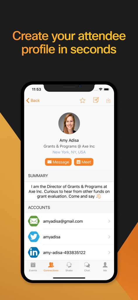 A professional attendee profile screen in the Webex Events app showing a user biography and social media links.