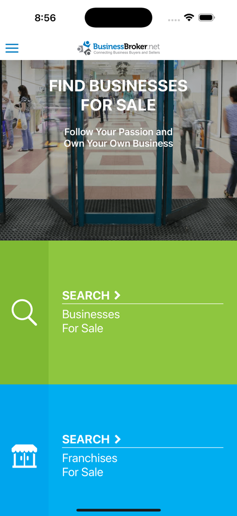 Businesses For Sale - Pantalla de inicio de la aplicación Negocios en Venta con opciones para buscar negocios y franquicias.
