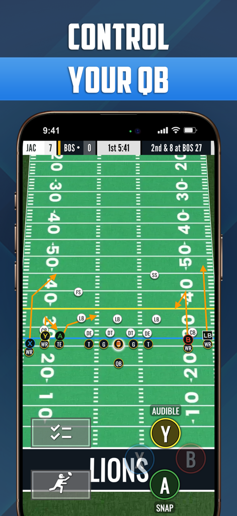 Ultimate QB: Football Legend - モバイル画面上のプレイ図とクォーターバックコントロールを示すアルティメットQBフットボールゲームのトップダウンビュー