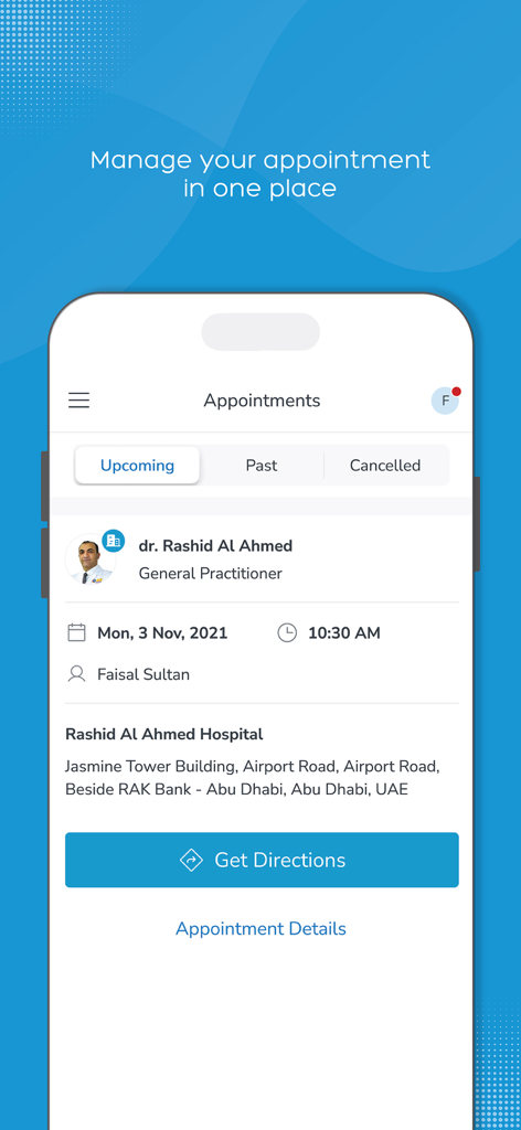 NMC - MyHealth - Interface of NMC MyHealth app showing upcoming doctor appointment details and navigation options