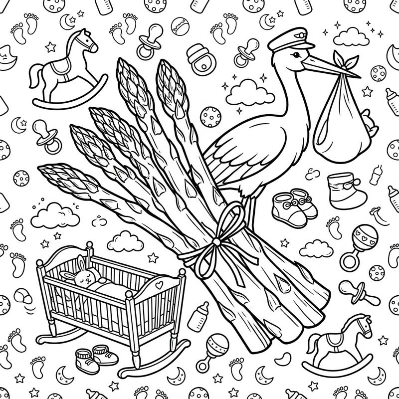 Get ready to celebrate new arrivals with this delightfully unique coloring page, blending the freshness of asparagus with the joy of a baby shower. Discover a charming scene filled with cute nursery items and a friendly stork, perfect for artists of all ages.