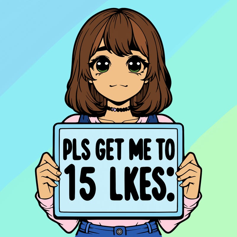 realistic girl holding up a sign that says “pls get me to 15 likes!”