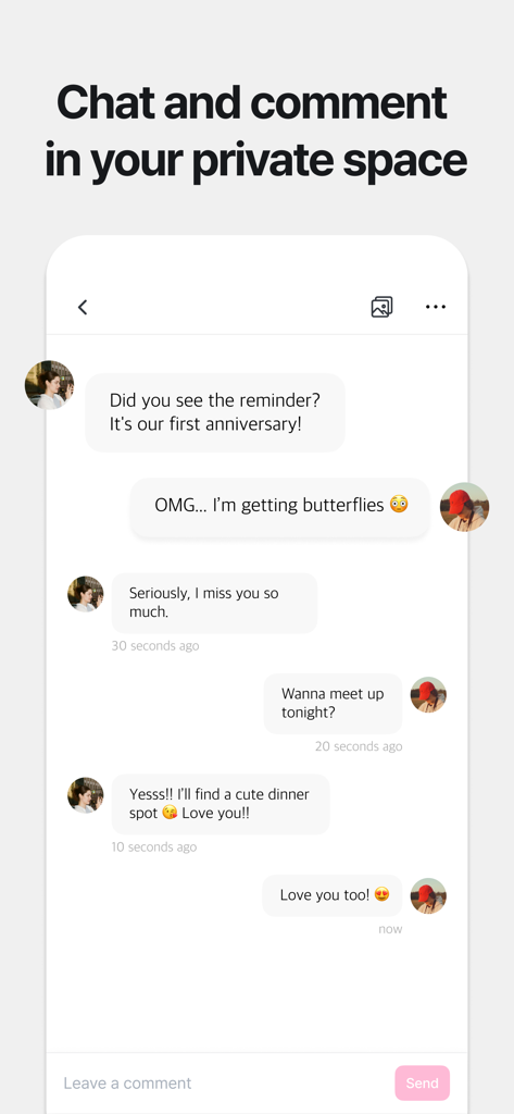 The Couple (Days in Love) - A private chat interface in the app showing a couple sending romantic messages and planning an anniversary dinner