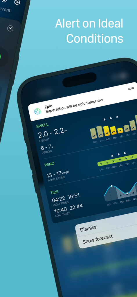 Notifica smartphone che mostra condizioni surf ideali con dati di onde, vento e maree nell'app EPIC