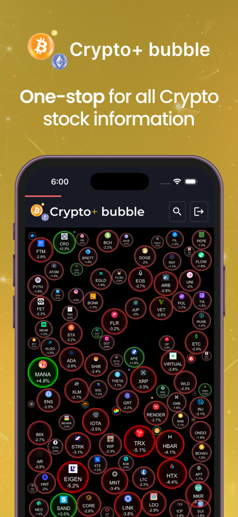 Crypto Plus Bubbles - Interfaz de aplicación móvil que muestra tendencias del mercado de criptomonedas representadas como burbujas interactivas verdes y rojas