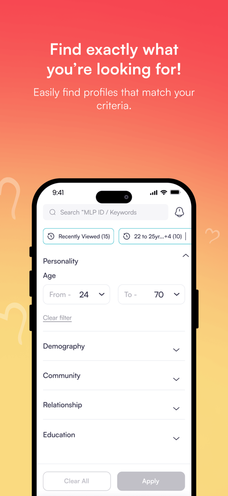 Medico Life Partner Matrimony - Search interface of the Medico Life Partner app showing filters for age, community, and education to find a matching doctor profile.