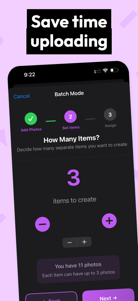 PreLoved AI app batch mode screen for selecting multiple items to list at once
