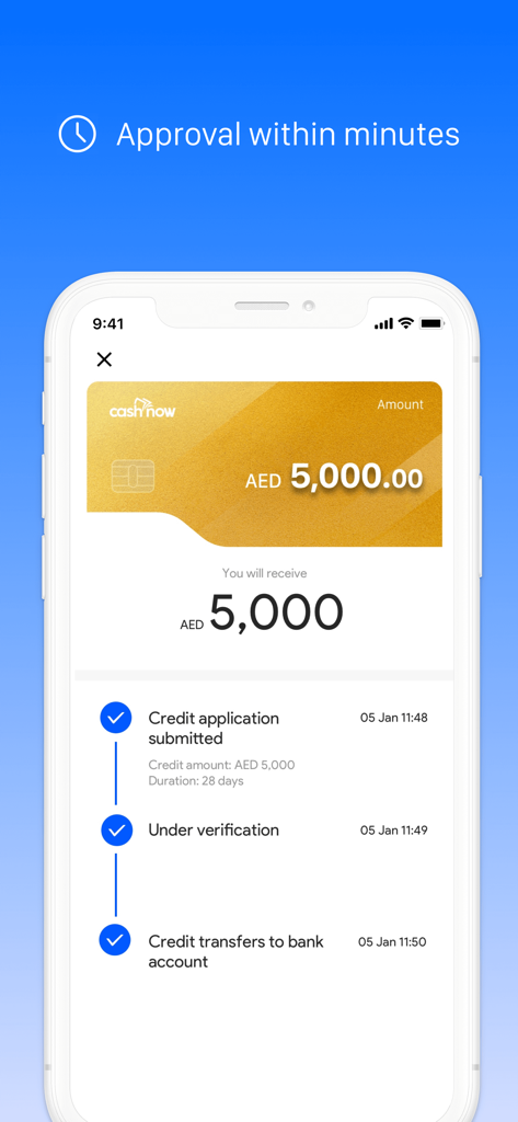 CashNow-Safe Loan App - CashNow App-Bildschirm zeigt die Genehmigung eines Kreditantrags von 5000 AED und den sofortigen Banküberweisungszeitplan