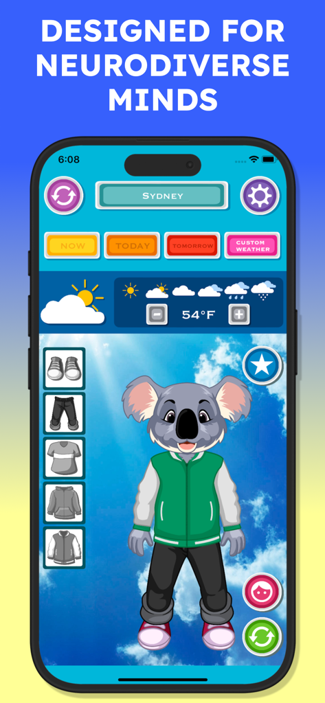 Forecast & What to Wear - Weather app interface designed for neurodiverse children featuring a dressed koala avatar