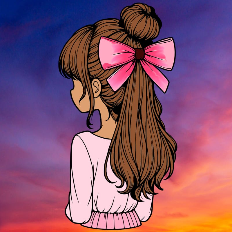 realistic girl  with hip length hair a bun and a big bow on the back of head
