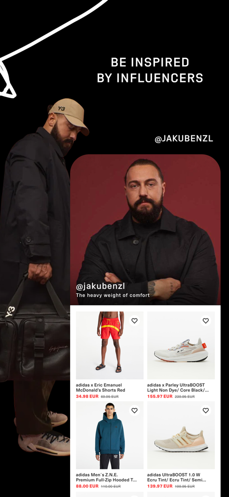 Footshop app screen featuring streetwear influencer inspiration and featured adidas footwear and clothing