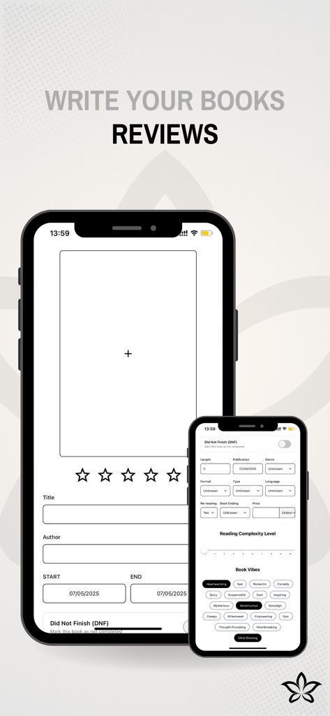Liryo: Reading Journal - Pantallas de la aplicación Liryo que muestran los detalles de las reseñas de libros, incluidas las calificaciones y las etiquetas de ambiente de lectura