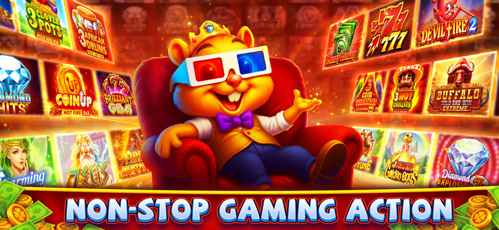 Lavish Luck Casino - Tela de seleção de jogos do Lavish Luck Casino com um mascote de hamster usando óculos 3D