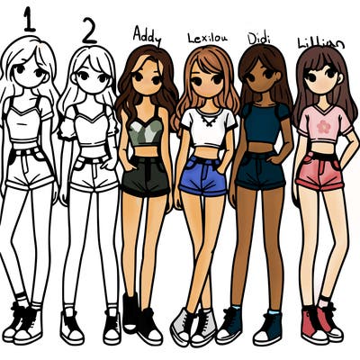 a group of girls wearing crop tops and shorts