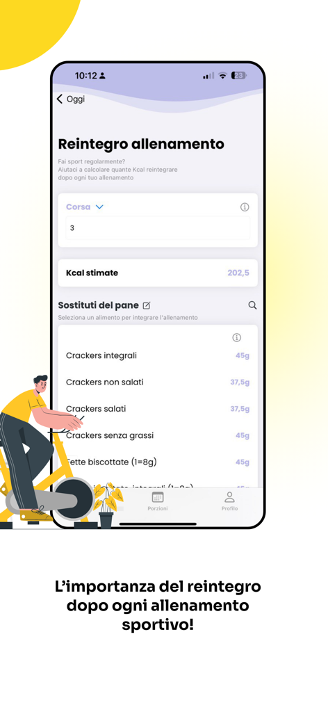 Pantalla de la aplicación móvil Dieta a Porzioni que muestra la reposición de calorías del entrenamiento y las porciones de alimentos recomendadas para la recuperación.