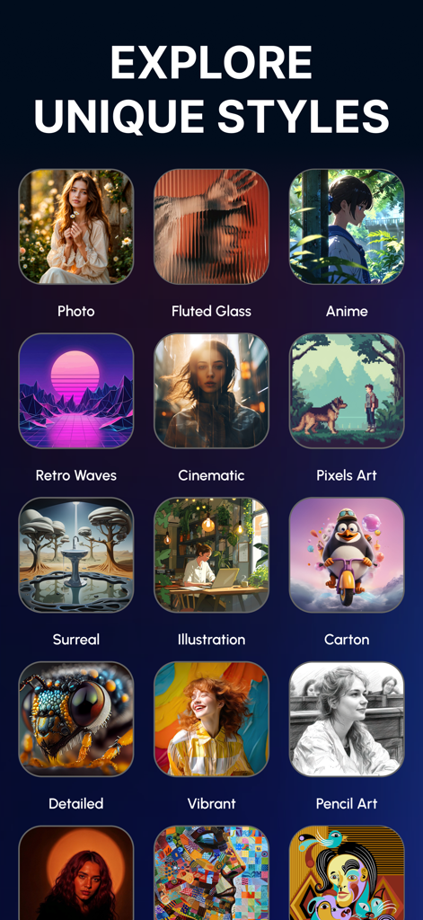 AI image generator - Maker - Grid of unique AI art styles including anime cinematic and surreal