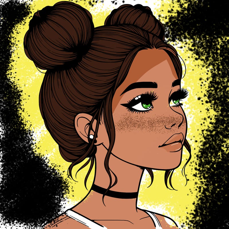 realistic girl with buns on the top of her head