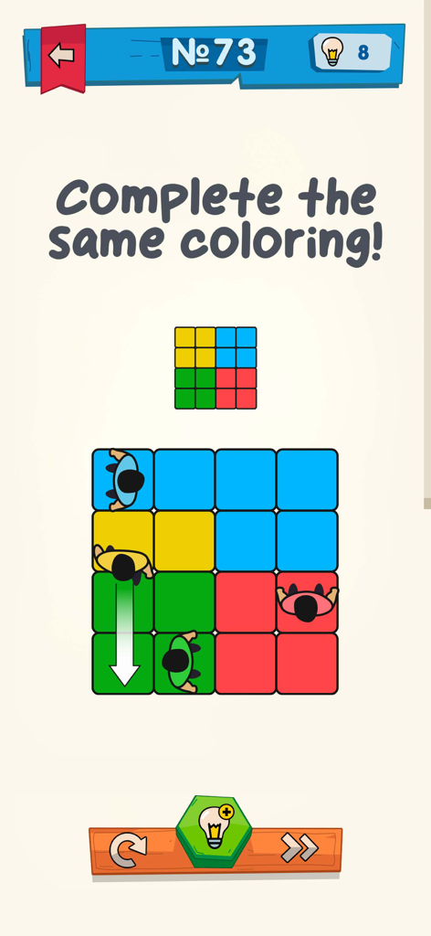 IQ Boost: Training Brain Games - Um quebra-cabeça de lógica no aplicativo IQ Boost onde o jogador deve combinar um padrão de grade colorido usando ícones de personagens.