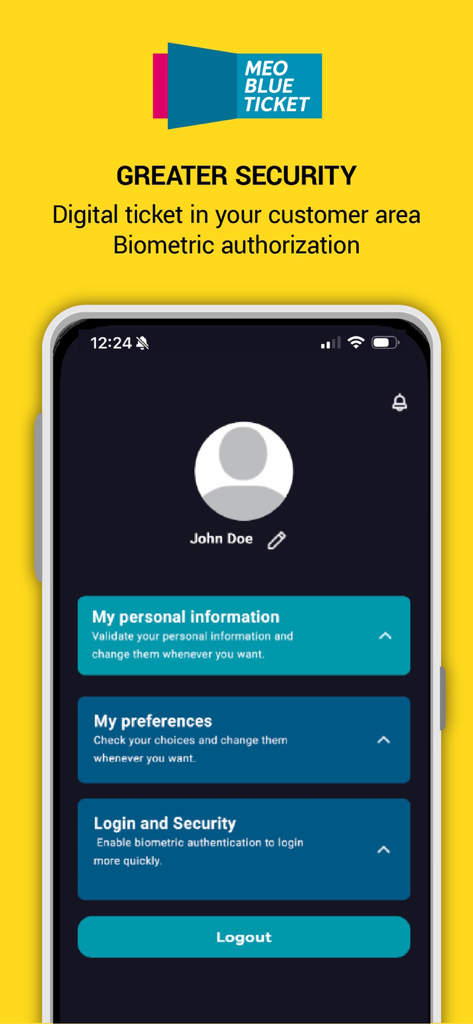 MEO BLUETICKET - MEO BLUETICKET app profile screen displaying account management and biometric security settings.