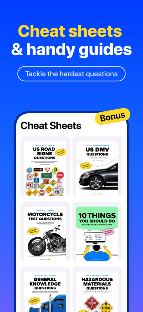 DMV Genie: Permit Test 2026 - 道路標識、自動車、バイク、および商用運転免許証試験のためのDMV学習チートシートとガイドのコレクション。