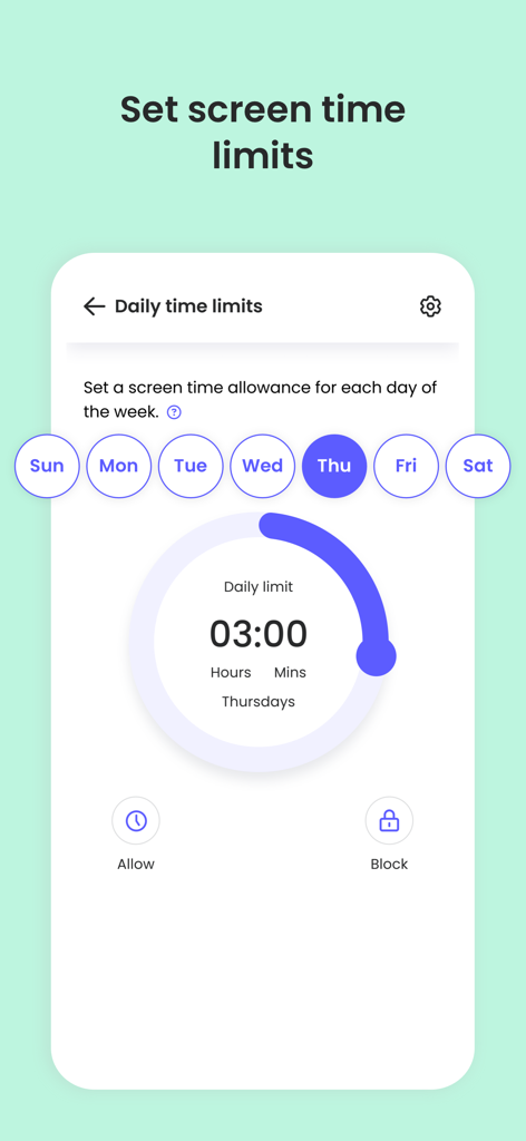Interface of the Qustodio app showing how to set daily screen time limits for kids