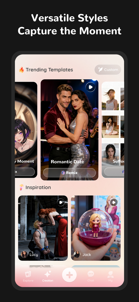 Mate-Soulmates For Every Step - Interface do aplicativo Mate mostrando vários estilos de companheiras de IA e modelos populares para roleplay e personalização