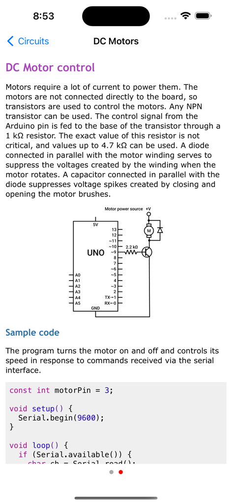 Arduino Programming Tutorial - Arduino app interface showing a DC motor control lesson with a circuit diagram and C++ sample code.